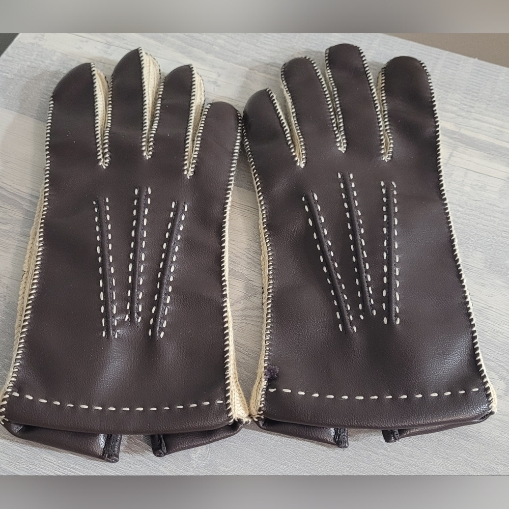 Fownes Vintage Vinyl Acrylic Knit Lined Brown Cream Winter Gloves